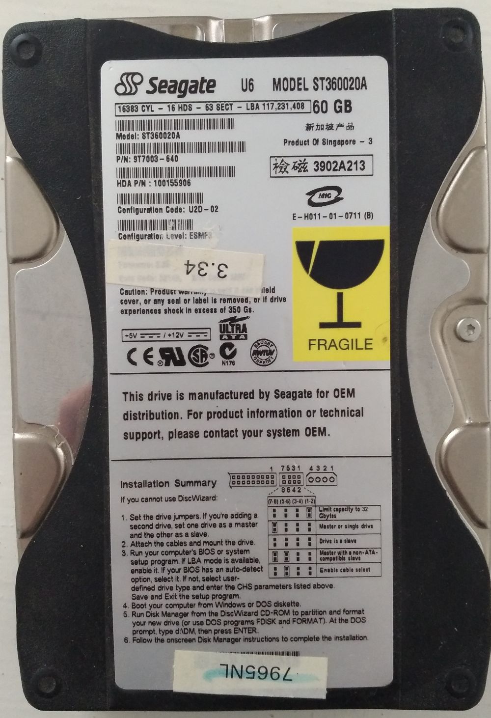 HDD PATA/100 3.5" 60GB / Seagate U Series 6 (ST360020A)